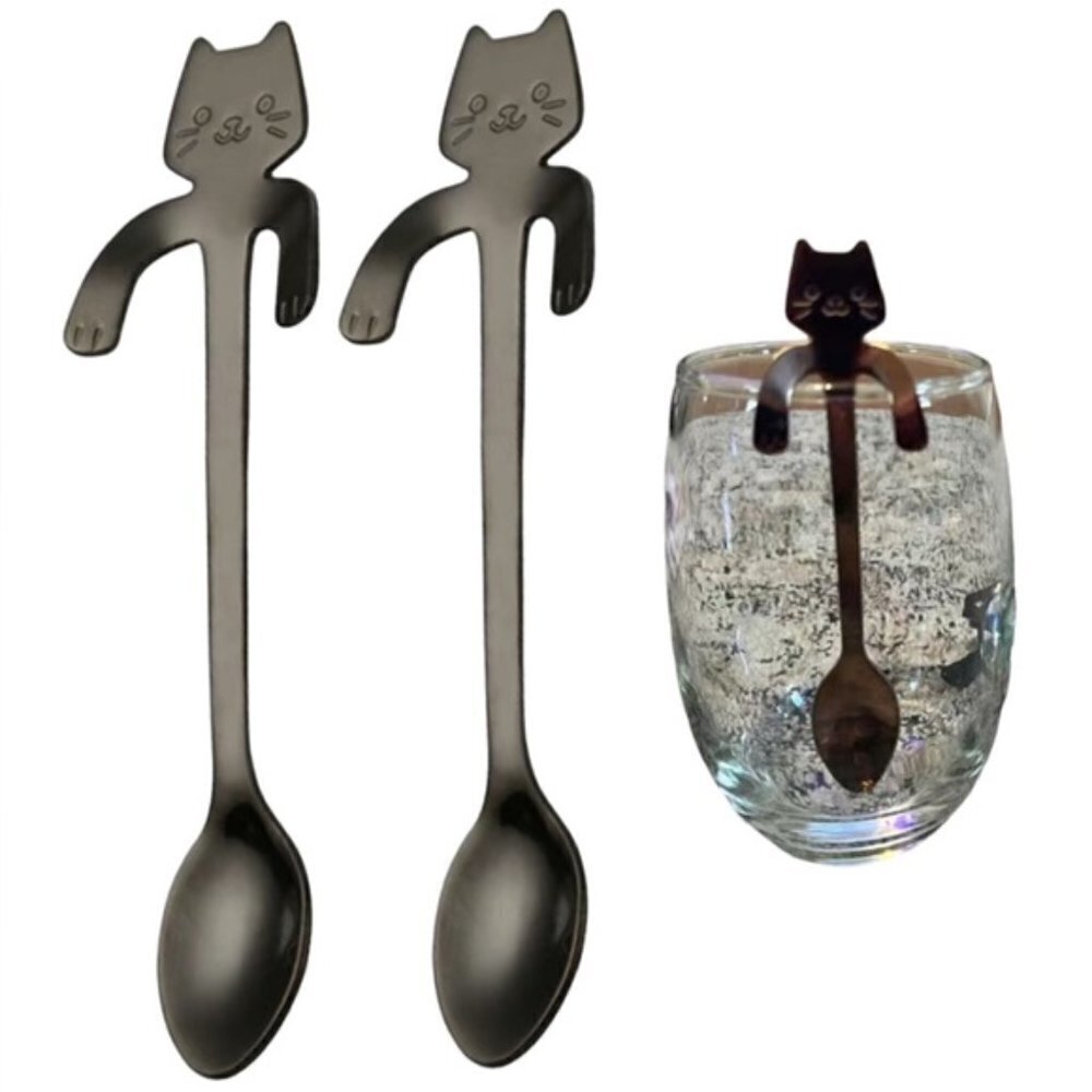 Cat Spoons Tea Spoons Stirrers Cup Hugging Kitty Cats Stainless Black 2 PC Set